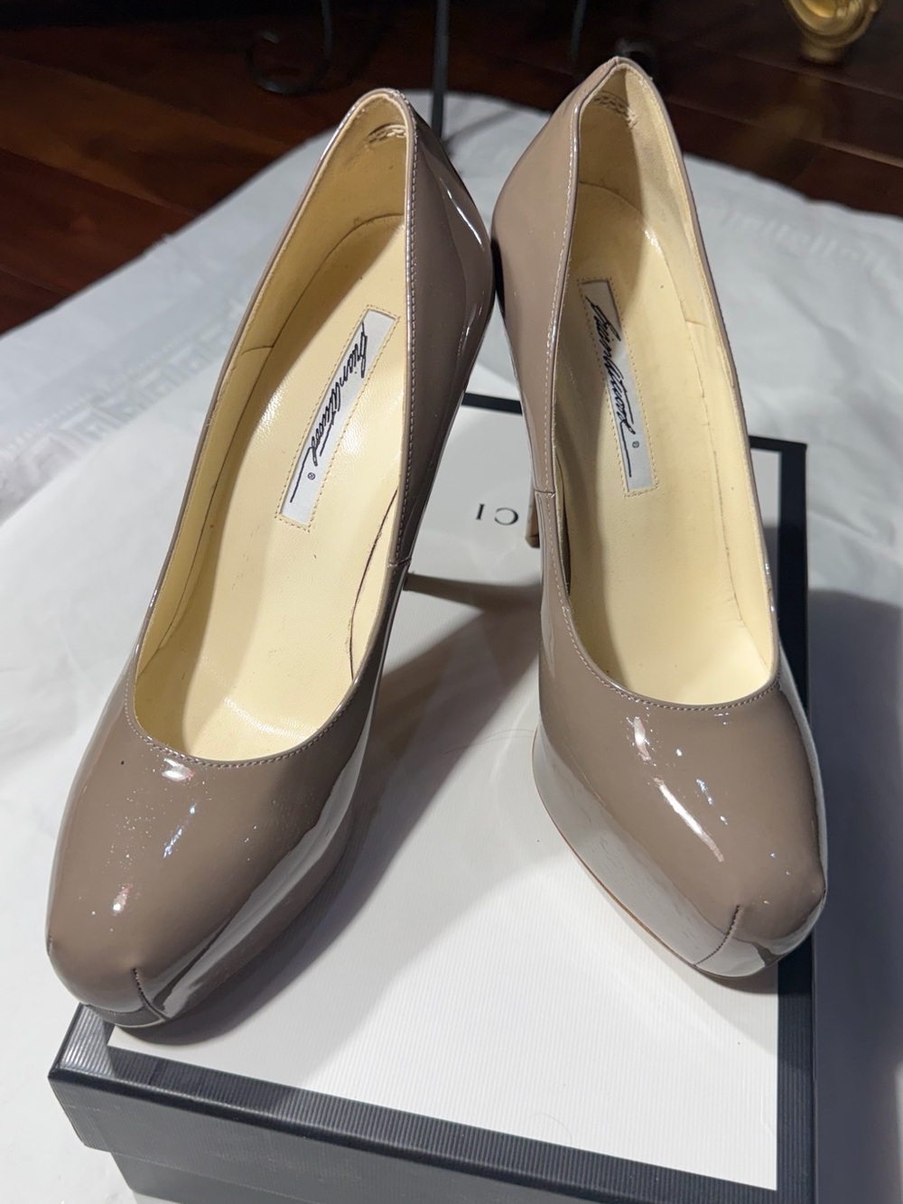 Brian Atwood Patent Taupe Platform Pumps